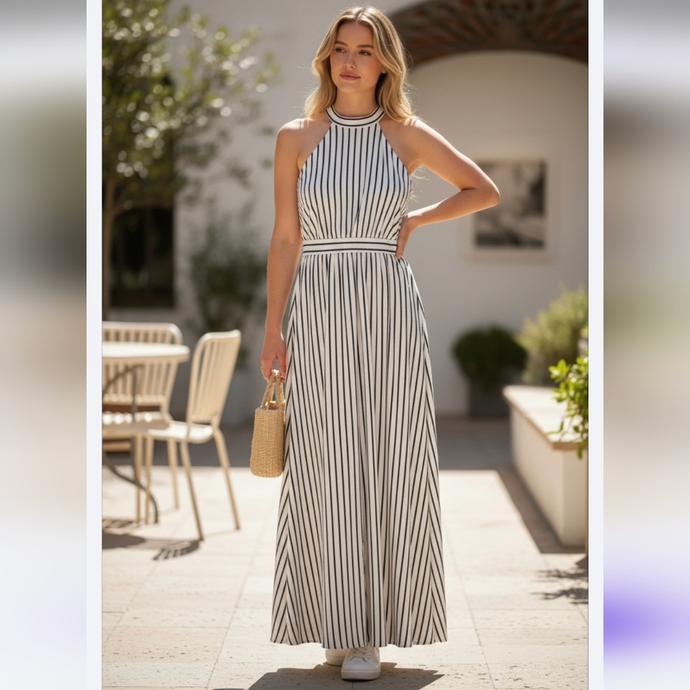 Savanna Jane Black White Striped Wide Leg Halter Jumpsuit Women's Size Small NWT